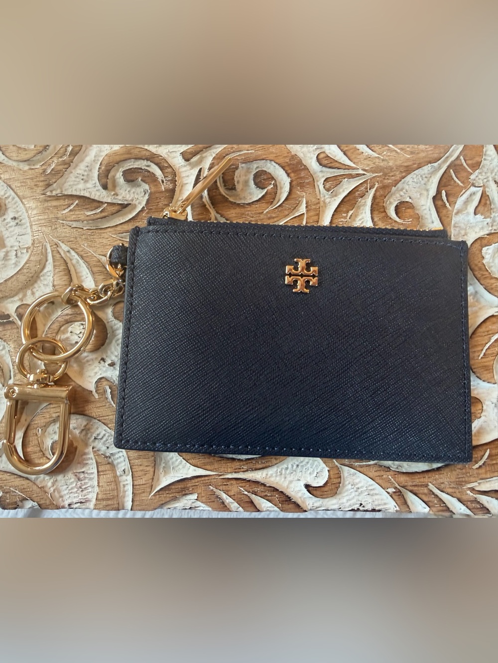 Tory Burch Navy Saffiano Zip Card Wallet with Gold Logo